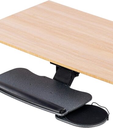 Under Desk Keyboard Tray, 20" x 11" Tray, 17.75" Track, One Knob Control, Undermount Sliding Computer Keyboard and Mouse Tray with Wrist Rest, Swivels 360° with Adjustable Height and ±15° Tilt