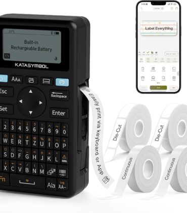 SUPVAN E11 Bluetooth Label Maker Machine with 4 Tapes, Support Keyboard & App with 30+ Fonts and 660+ Icons, Rechargeable Inkless Labeler for Home, Kitchen, Office, School, Organization, Black